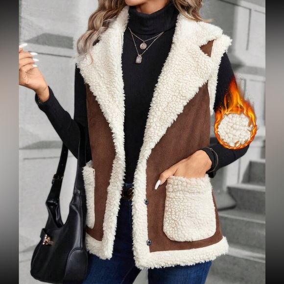 Boho color block lapel collar pockets sleeveless teddy jacket - Picture 4 of 6